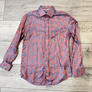 Barry Wang Mens Dress Shirt Medium Button Up Paisley Silk Blend Red Blue Disco